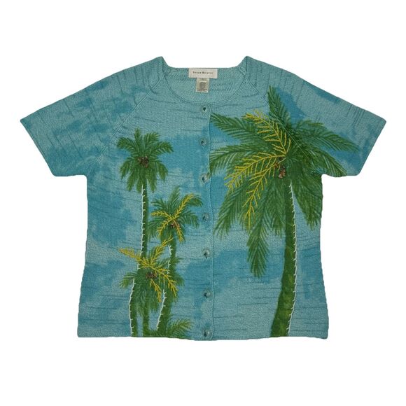 Vintage Susan Bristol Y2K Sz L Palm Tree Embroidered Beaded Cardigan - Picture 2 of 15